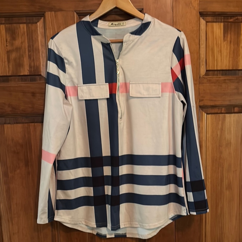 Blue and Pink Long Sleeve Blouse with Mandarin Collar and Zipper